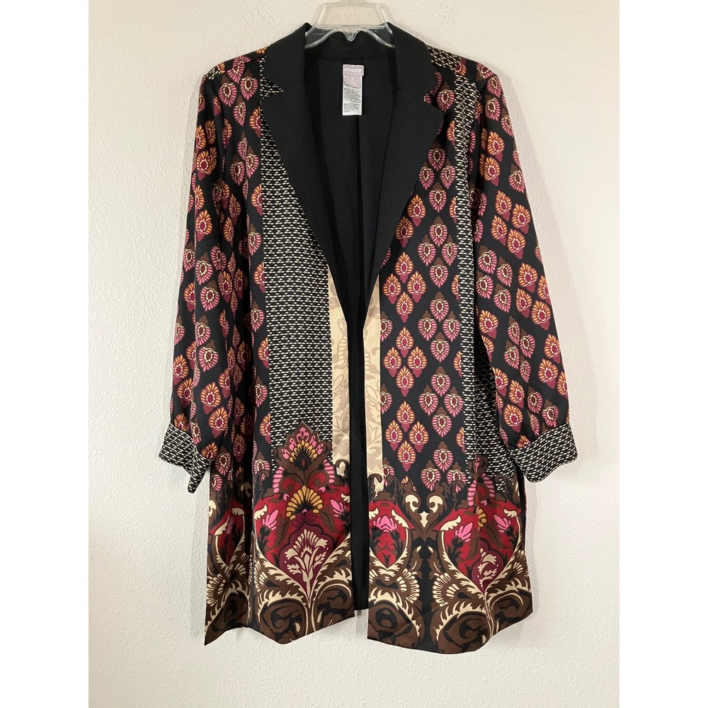 CHICO'S Mixed Print Open Front Topper Jacket XL Lagenlook Artsy Career